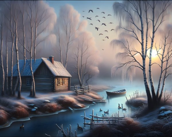 Cozy Log Cabin by Serene River in Winter Landscape