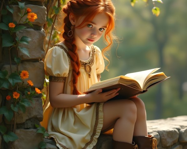 Young girl with red hair reading on stone ledge