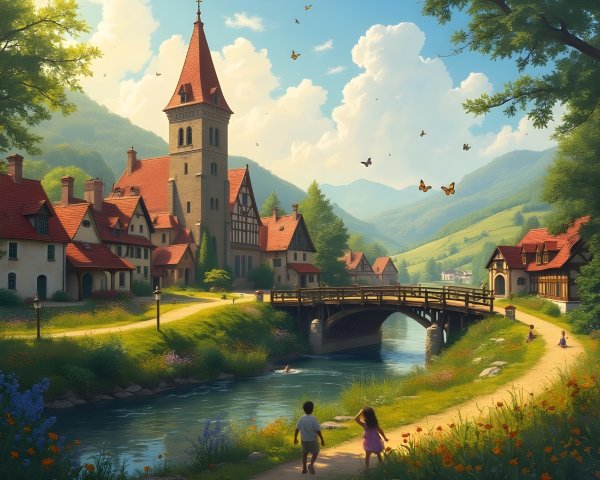 Picturesque Village Scene with River and Clock Tower