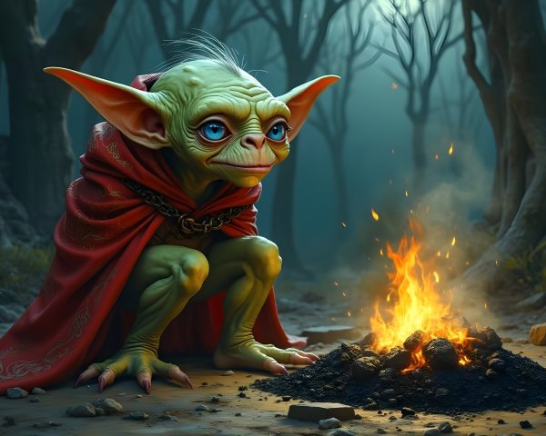 Mystical Forest Creature by Campfire with Red Cloak