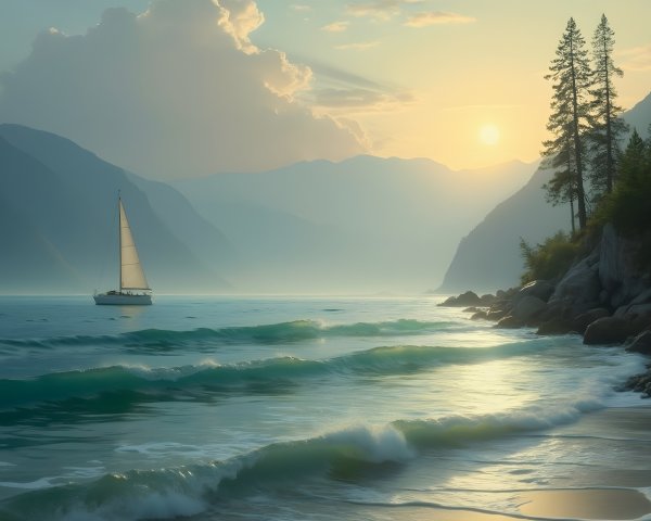 Serene Seascape at Dusk with Sailboat and Mountains