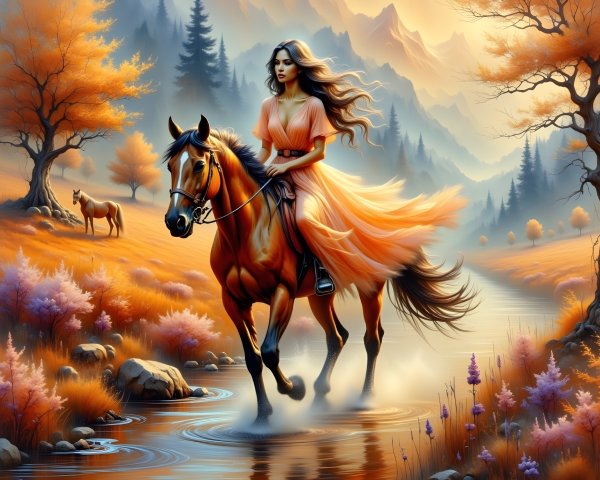 Woman in Orange Dress Riding Horse in Autumn Landscape