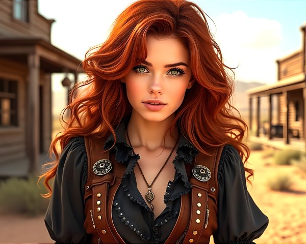 Woman with Red Hair in Dusty Western Town