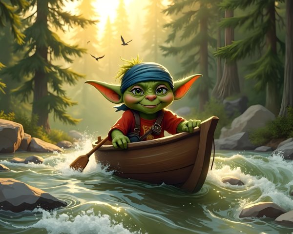 Cheerful green creature in boat on lively river