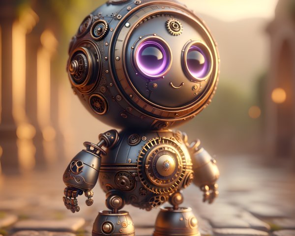 Steampunk-Inspired Robot with Glowing Purple Eyes