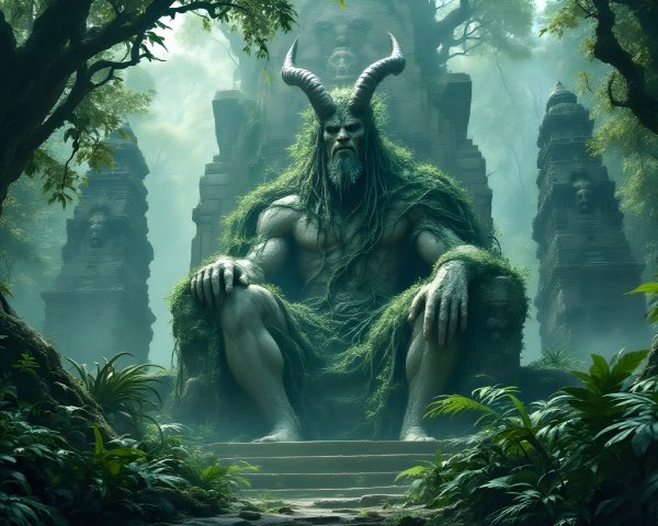 Moss-Covered Horned Statue in a Mystical Forest