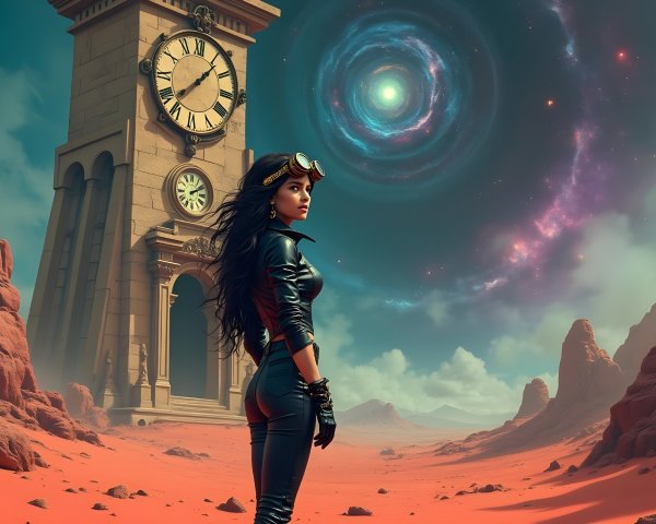 Surreal Desert Scene with Woman and Cosmic Elements