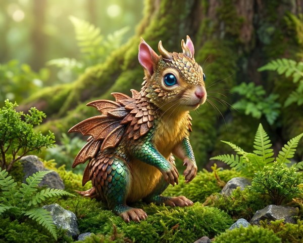 Digital painting of a squirrel-dragon creature in forest