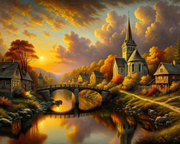 Tranquil Autumn Landscape with Village and River