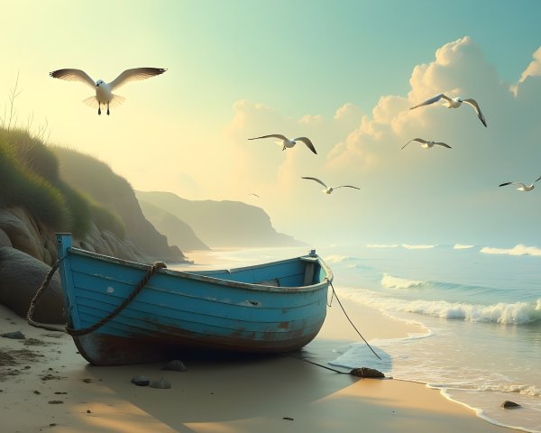Serene Beach Scene with Blue Boat and Gentle Waves