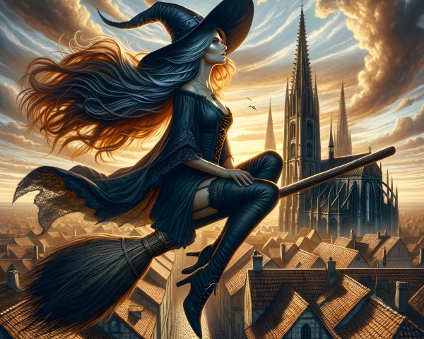Witch Flying Over Medieval Town at Sunset