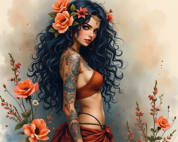 Woman with Black Hair and Orange Roses in Floral Setting