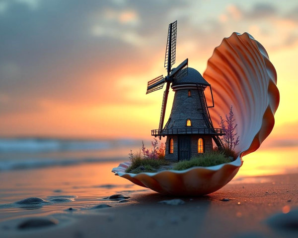 Miniature Windmill in Seashell on Sandy Beach