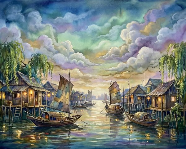 Vibrant Watercolor of Floating Village Under Colorful Sky