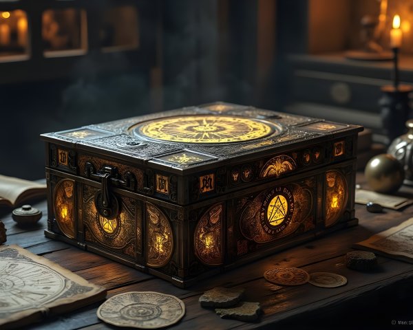 Intricately Designed Wooden Chest with Mystical Symbols