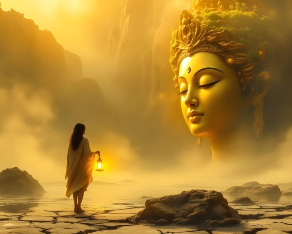 Person with Lantern in Serene Landscape with Deity