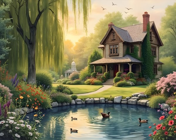 Victorian House Surrounded by Gardens and Pond