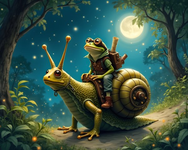 Whimsical Forest Scene with Frog and Snail at Night