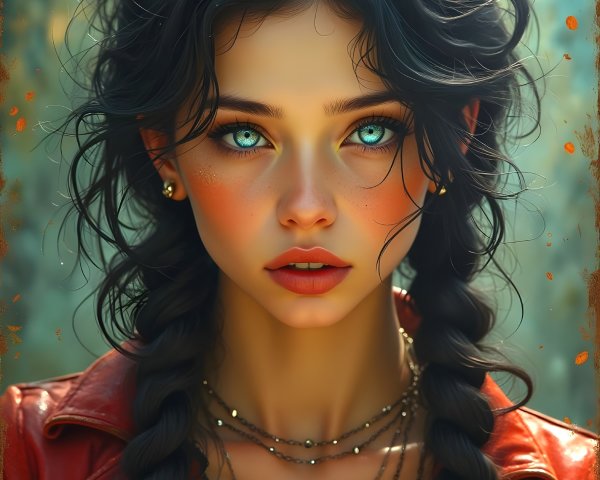Portrait of a Young Woman with Blue Eyes and Braids