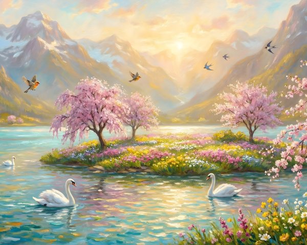 Serene Mountain Lake at Sunrise with Cherry Blossoms