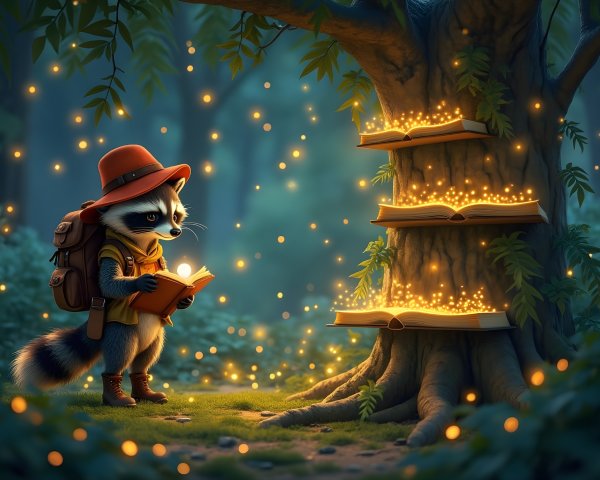 Raccoon in Red Hat Amid Glowing Books in Forest