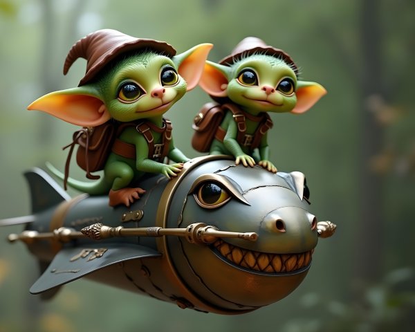 Whimsical Creatures Riding a Cartoonish Fish in Forest