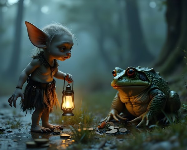 Goblin with Lantern and Frog in Mystical Forest
