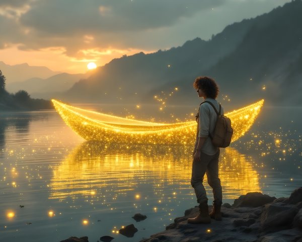 Serene Sunset Landscape with Glowing Boat on Water