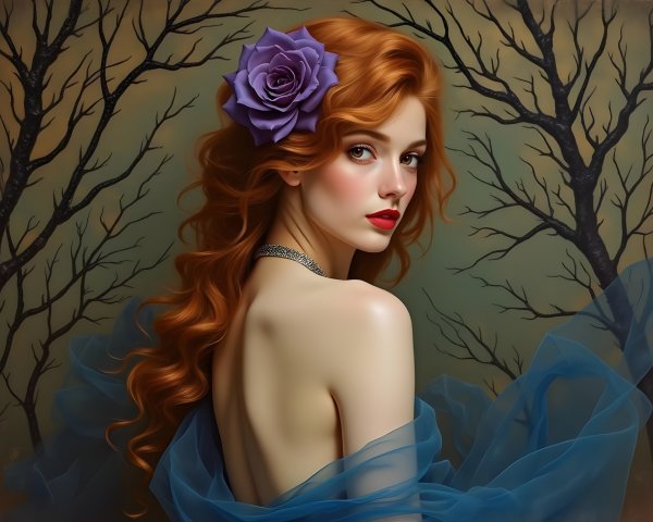 Elegant woman with red hair and purple rose in nature