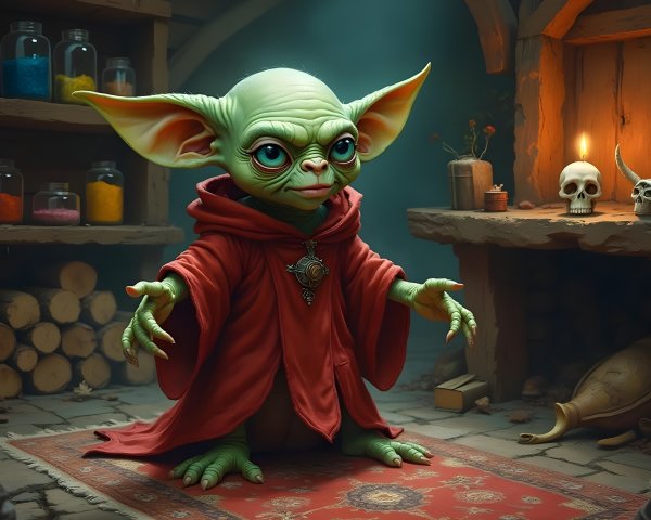 Mystical Creature in Red Robe Surrounded by Potions