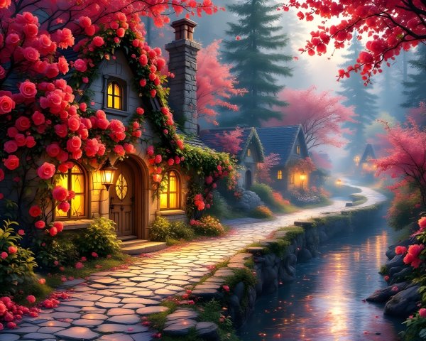 Serene village scene with lanterns and pink roses