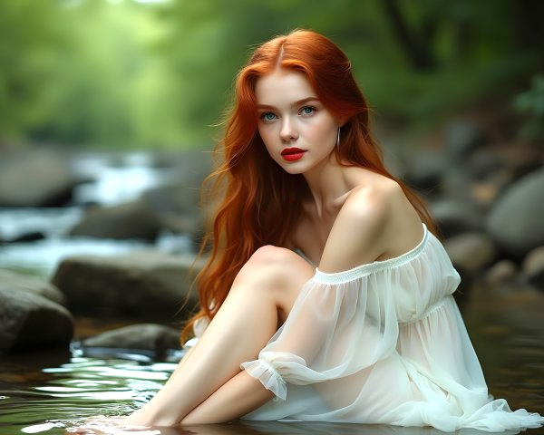 Young Woman in White Dress by Serene Riverbank