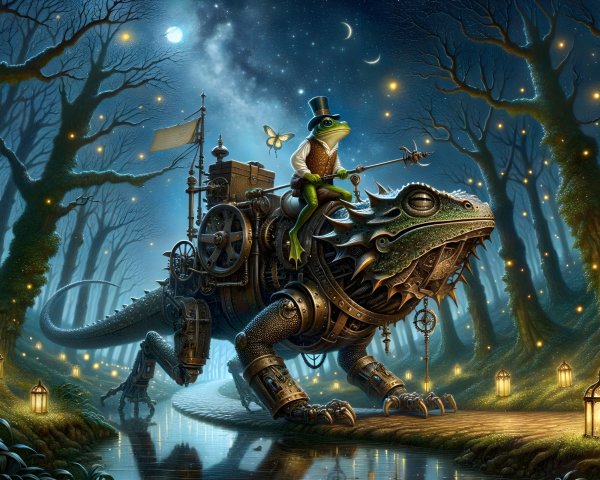 Whimsical Forest Scene with Mechanical Lizard and Frog