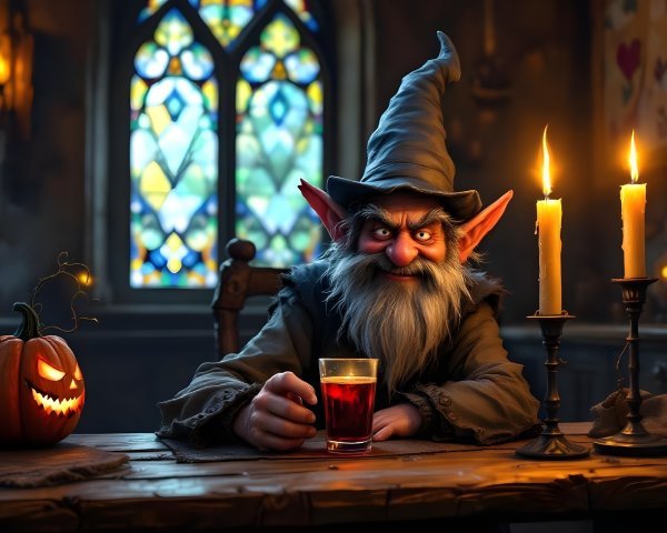 Mischievous gnome in a whimsical candlelit setting