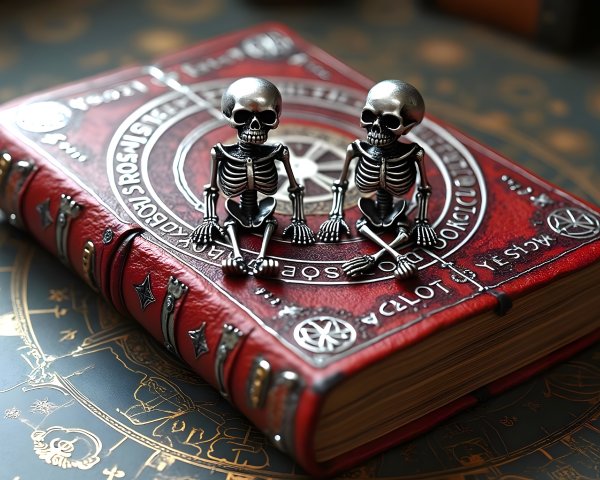 Detailed Red Spellbook on Mystic Surface with Figurines