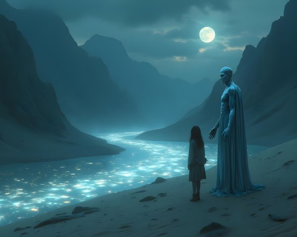 Mystical Landscape with Figure and Child by River