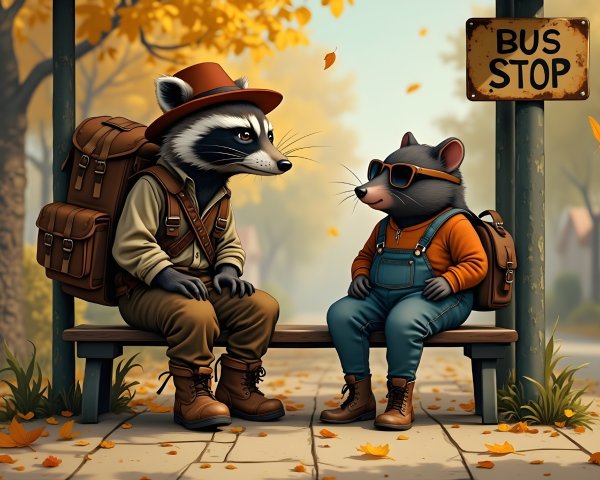 Raccoons at a Bus Stop in Autumn Setting