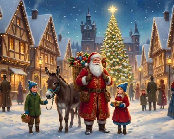 Digital Painting of Santa Claus in Snowy Village Scene