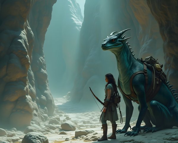 Warrior and Reptilian Creature in Misty Canyon Landscape