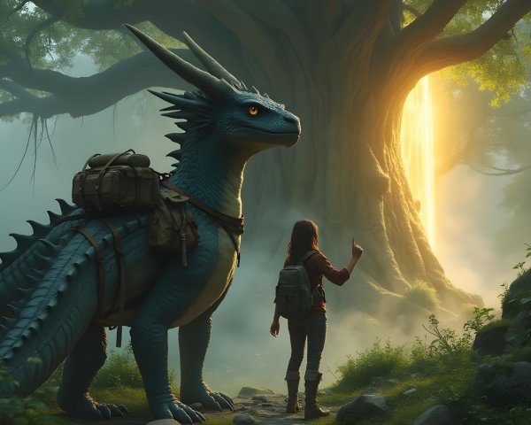 Girl and Blue Dragon by Glowing Tree Portal