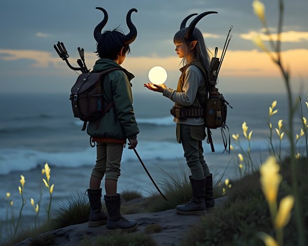 Young Adventurers Overlooking Ocean at Sunset