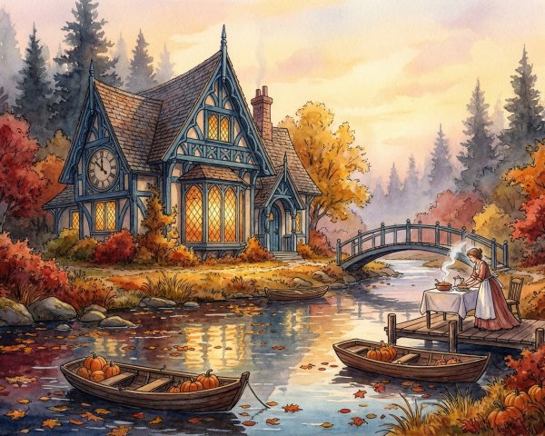 Fairytale Village Home by River with Autumn Scene