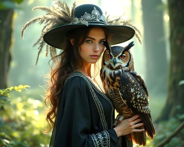 Mystical Forest Scene with Woman and Owl
