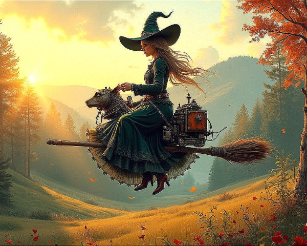 Witch in Green Gown Rides Broomstick at Sunset