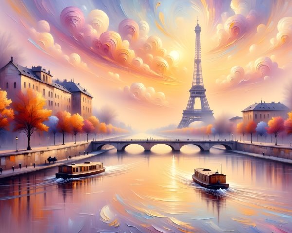Eiffel Tower Sunset View with River and Autumn Trees