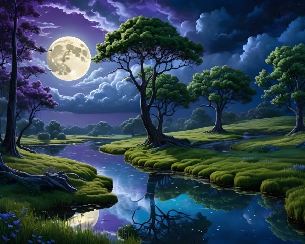 Serene Night Landscape with Full Moon and Tranquil River