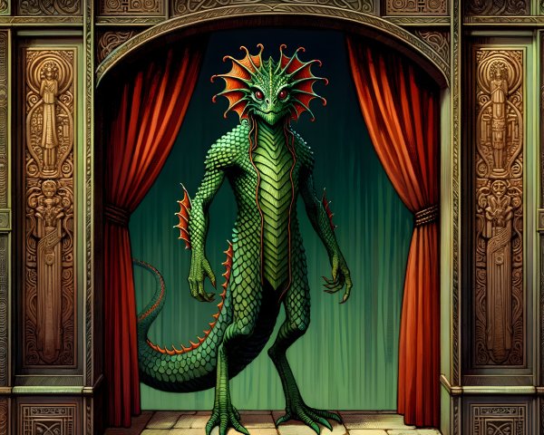 Humanoid Reptilian Creature in Theatrical Stage Scene