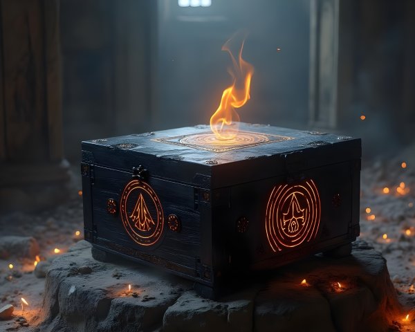 Ornate wooden box with mystical carvings and flame