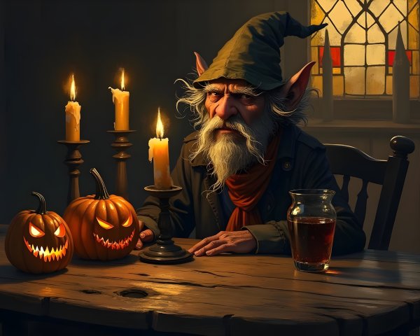 Old Man with Pumpkins in Dimly Lit Room
