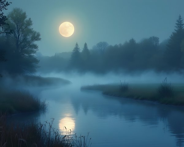 Serene River Scene with Moonlit Mist and Trees